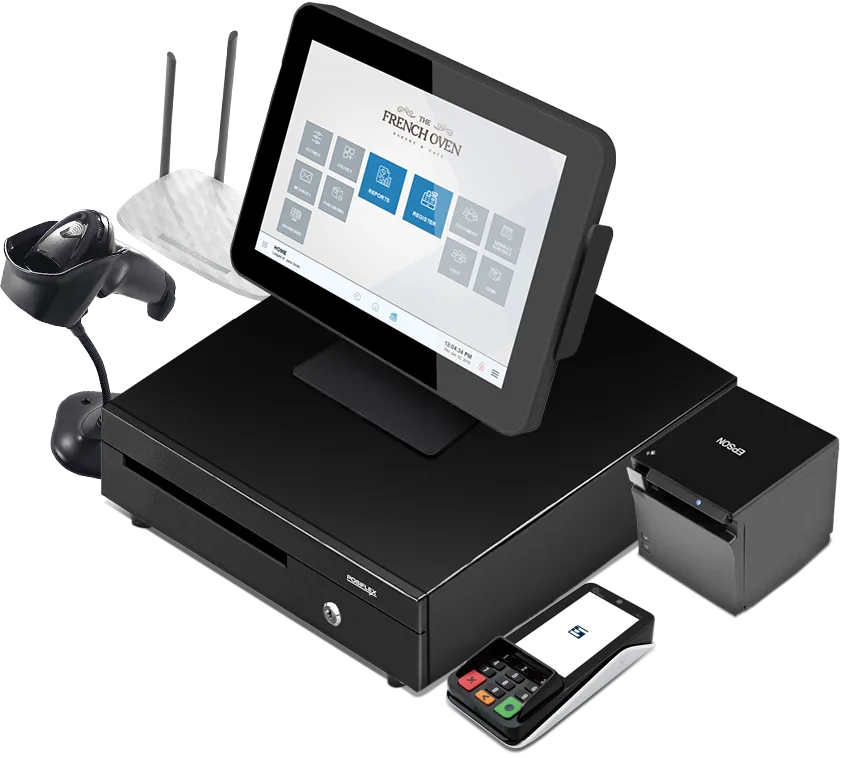 Exatouch POS bundle with touchscreen terminal, cash drawer, receipt printer, scanner, and payment device