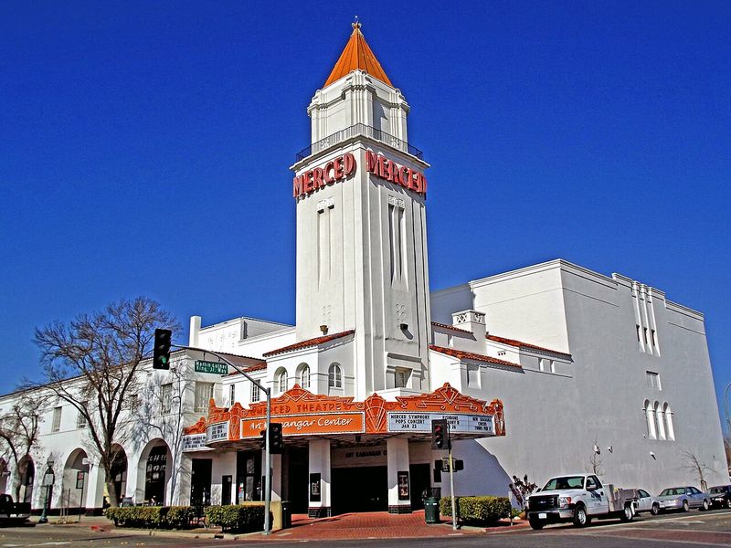 The Merced Theatre tower on Main Street