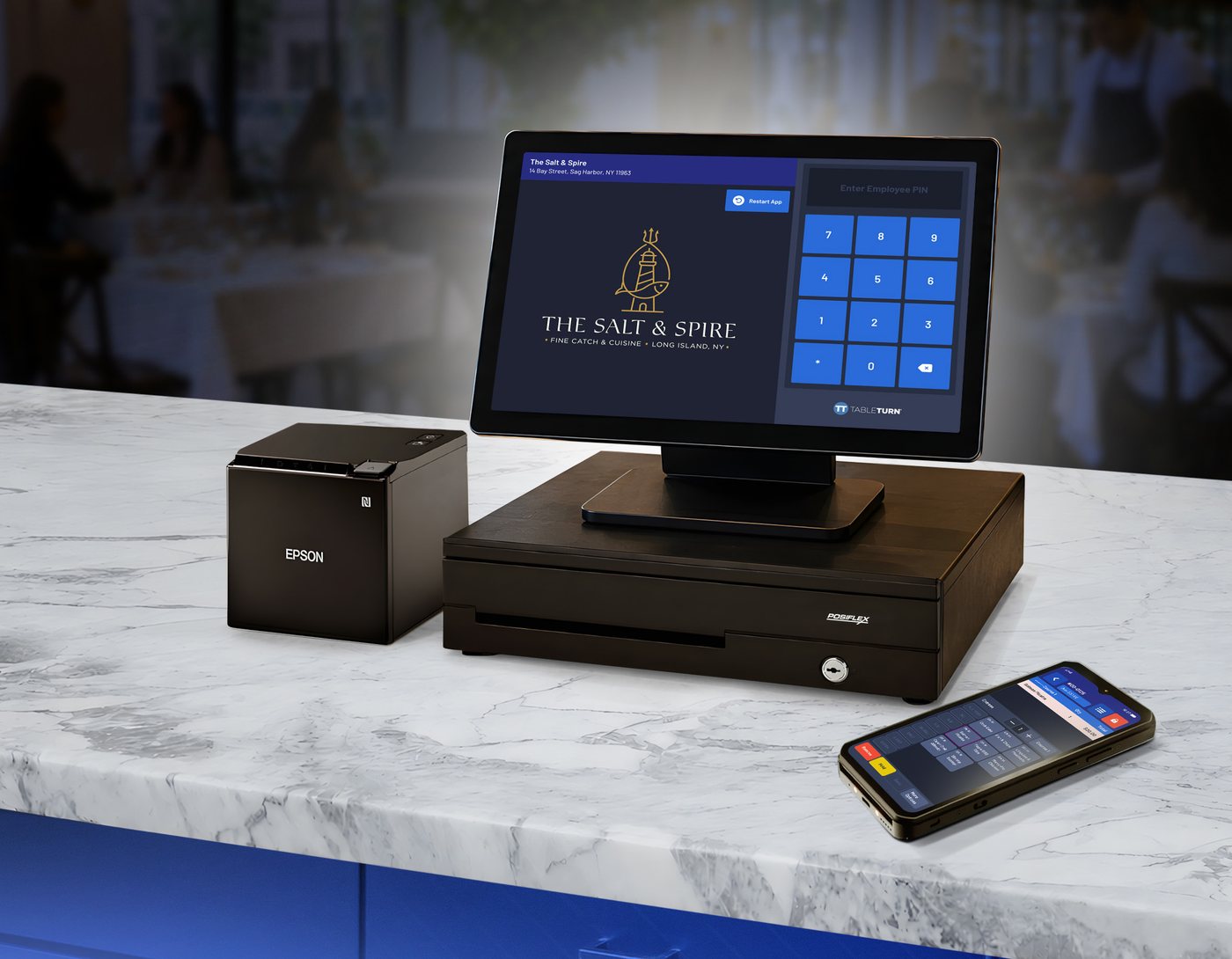 Full-service setup with a terminal on a cash drawer, printer, and tableside handheld